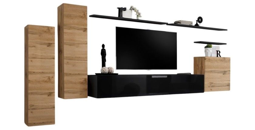 Ensemble meuble salon SWITCH I design, coloris chêne Wotan et noir brillant.