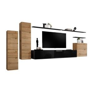 Ensemble meuble salon SWITCH I design, coloris chêne Wotan et noir brillant.