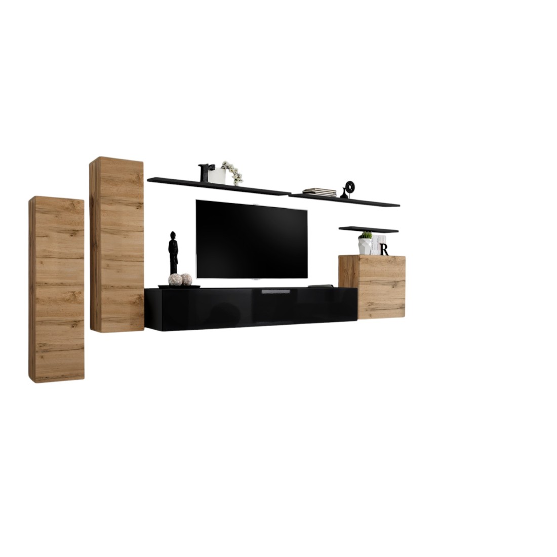 Ensemble meuble salon SWITCH I design, coloris chêne Wotan et noir brillant.
