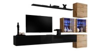 Ensemble meubles de salon SWITCH XIX design, coloris noir brillant et chêne Wotan.