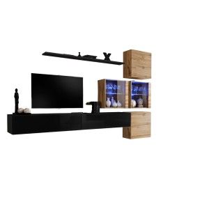 Ensemble meubles de salon SWITCH XIX design, coloris noir brillant et chêne Wotan.