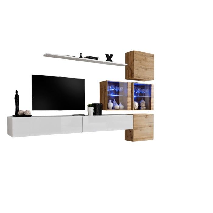 Ensemble meubles de salon SWITCH XIX design, coloris blanc brillant et chêne Wotan.