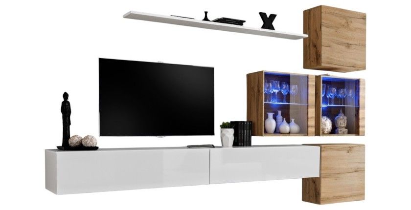 Ensemble meubles de salon SWITCH XIX design, coloris blanc brillant et chêne Wotan.