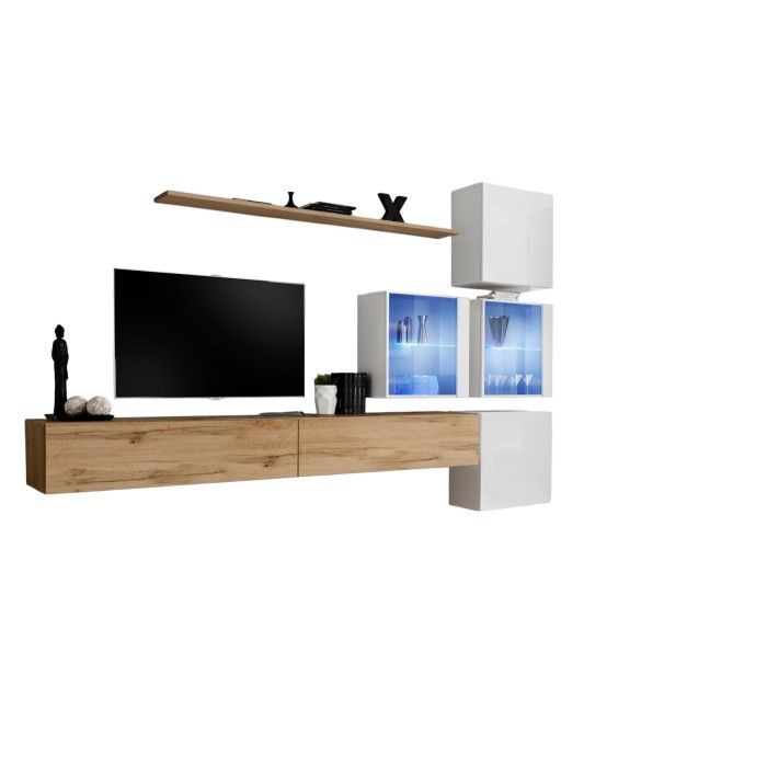 Ensemble meubles de salon SWITCH XIX design, coloris chêne Wotan et blanc brillant.