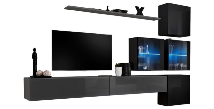 Ensemble meubles de salon SWITCH XIX design, coloris gris et noir brillant.