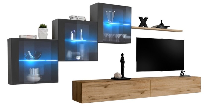 Set di mobili da soggiorno SWITCH XX design, colore rovere Wotan e grigio lucido.