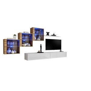 Ensemble meubles de salon SWITCH XX design, coloris blanc brillant et chêne Wotan.