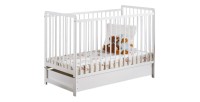 Lit bébé évolutif avec tiroir et matelas collection LUTIN réglable en hauteur. Coloris blanc mat.
