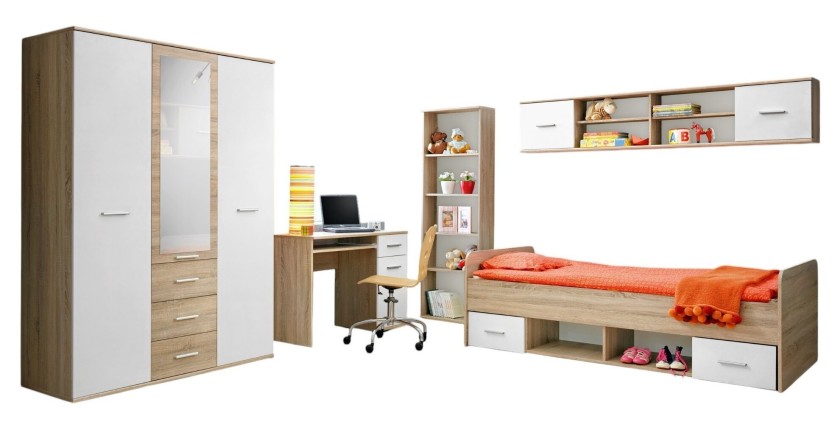 Habitación juvenil DENVER: armario de 3 puertas, cama, biblioteca, escritorio, estantería