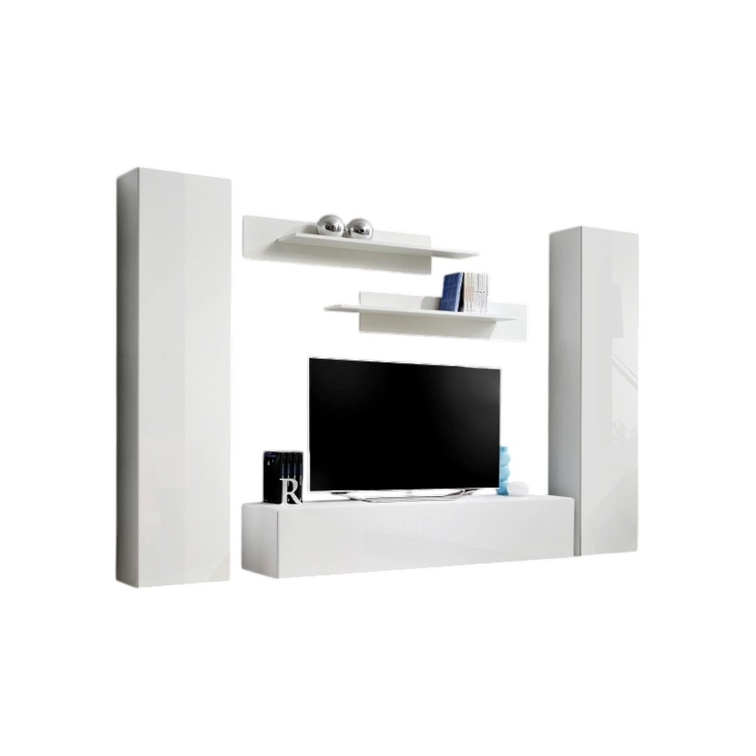 Meuble TV FLY A1 design, coloris blanc brillant. Meuble suspendu moderne et tendance pour votre salon.