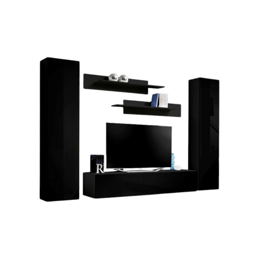 Meuble TV FLY A1 design, coloris noir brillant. Meuble suspendu moderne et tendance pour votre salon.