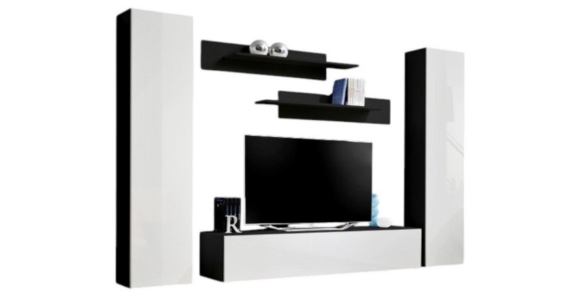 Meuble TV FLY A1 design, coloris noir et blanc brillant. Meuble suspendu moderne et tendance pour votre salon.