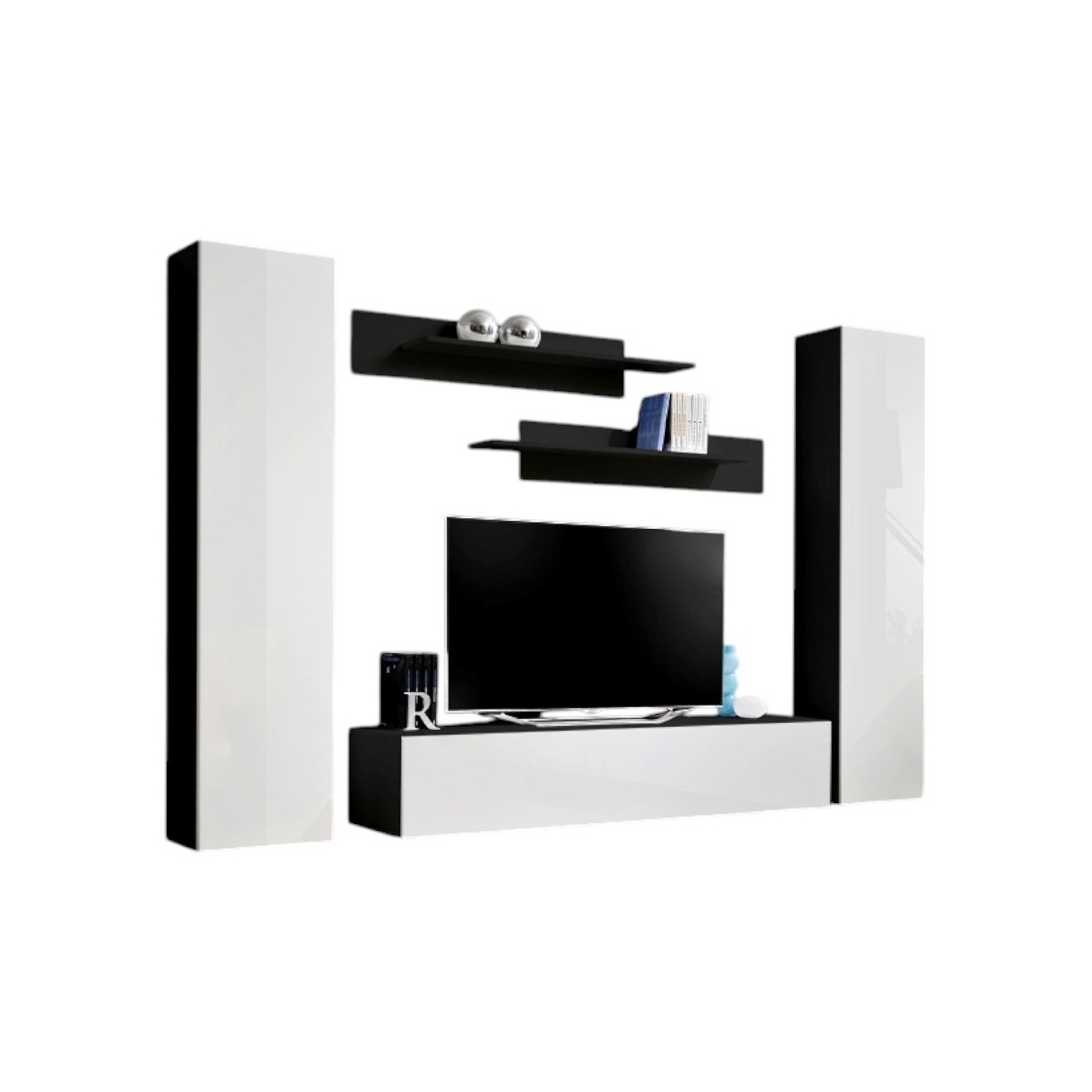 Meuble TV FLY A1 design, coloris noir et blanc brillant. Meuble suspendu moderne et tendance pour votre salon.