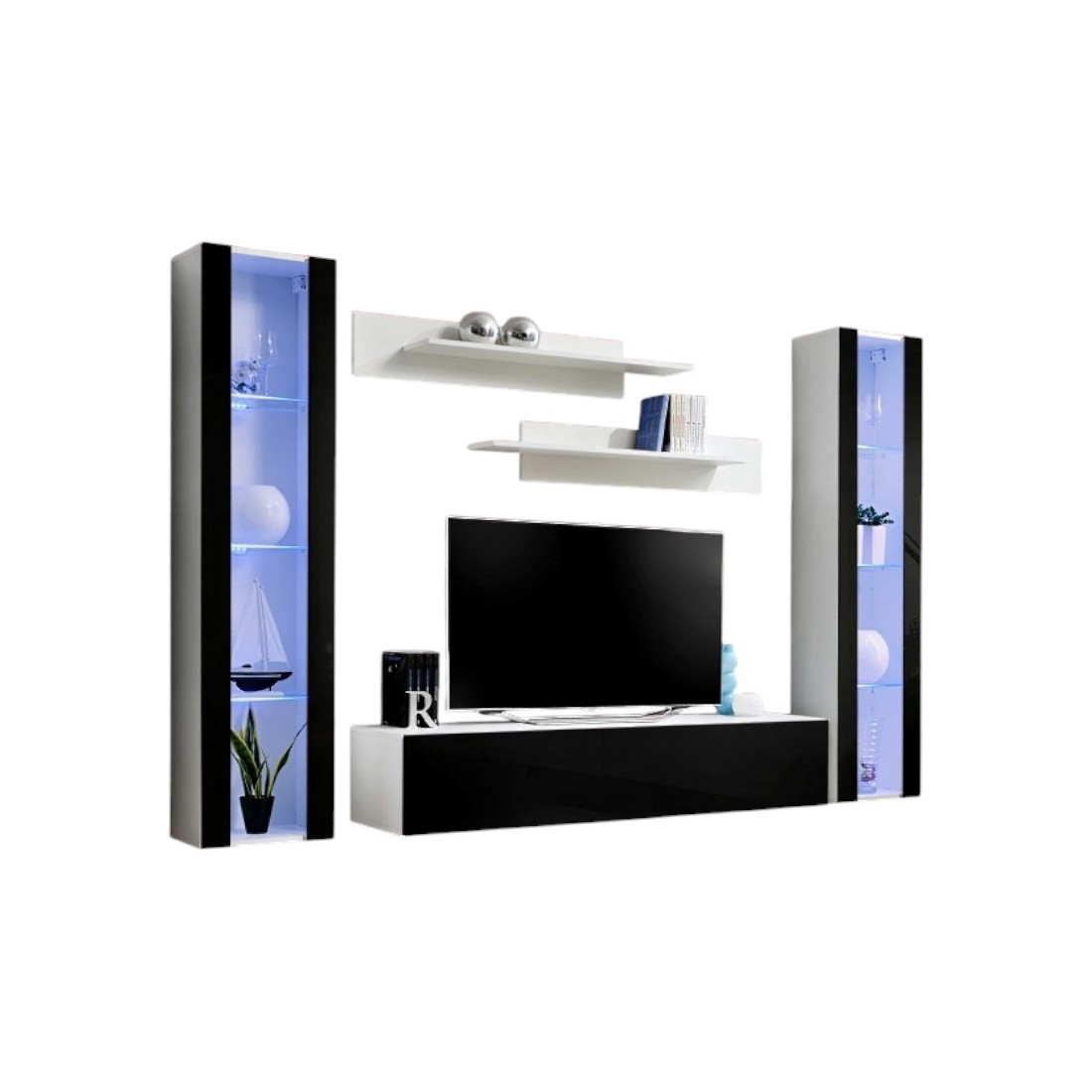 Meuble TV FLY A2 design, coloris blanc et noir brillant + LED. Meuble suspendu moderne et tendance pour votre salon.