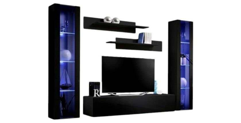 Meuble TV FLY A2 design, coloris noir brillant + LED. Meuble suspendu moderne et tendance pour votre salon.