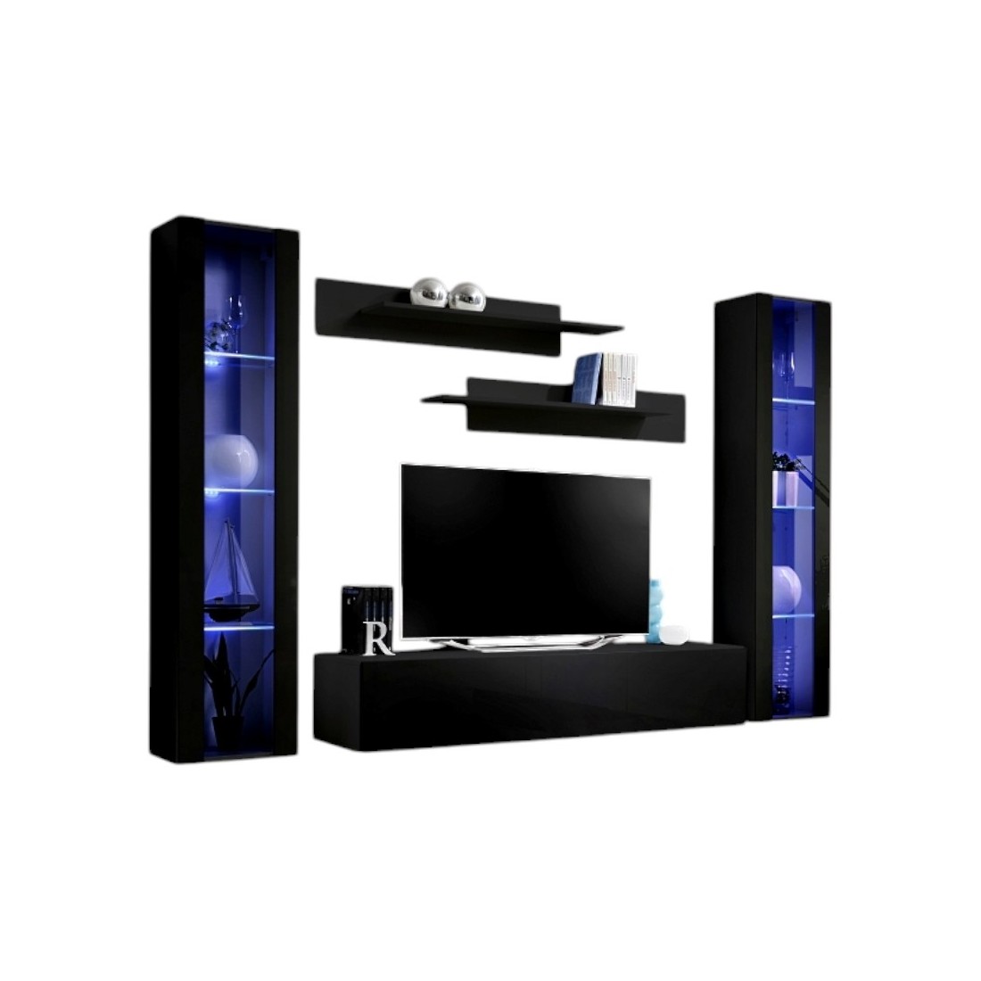 Meuble TV FLY A2 design, coloris noir brillant + LED. Meuble suspendu moderne et tendance pour votre salon.