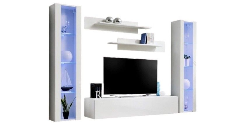 Meuble TV FLY A2 design, coloris blanc brillant + LED. Meuble suspendu moderne et tendance pour votre salon.