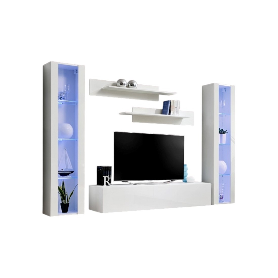 Meuble TV FLY A2 design, coloris blanc brillant + LED. Meuble suspendu moderne et tendance pour votre salon.
