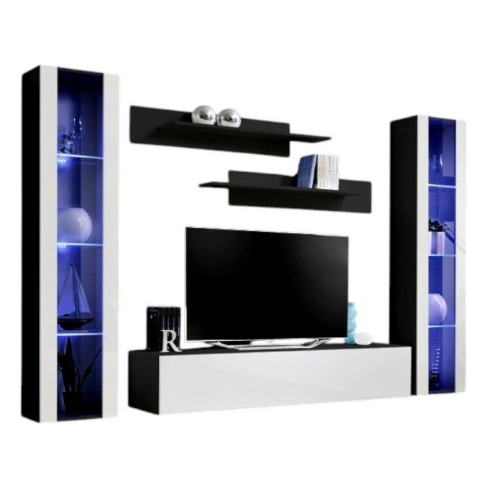 Meuble TV FLY A2 design, coloris noir et blanc brillant + LED. Meuble suspendu moderne et tendance pour votre salon.
