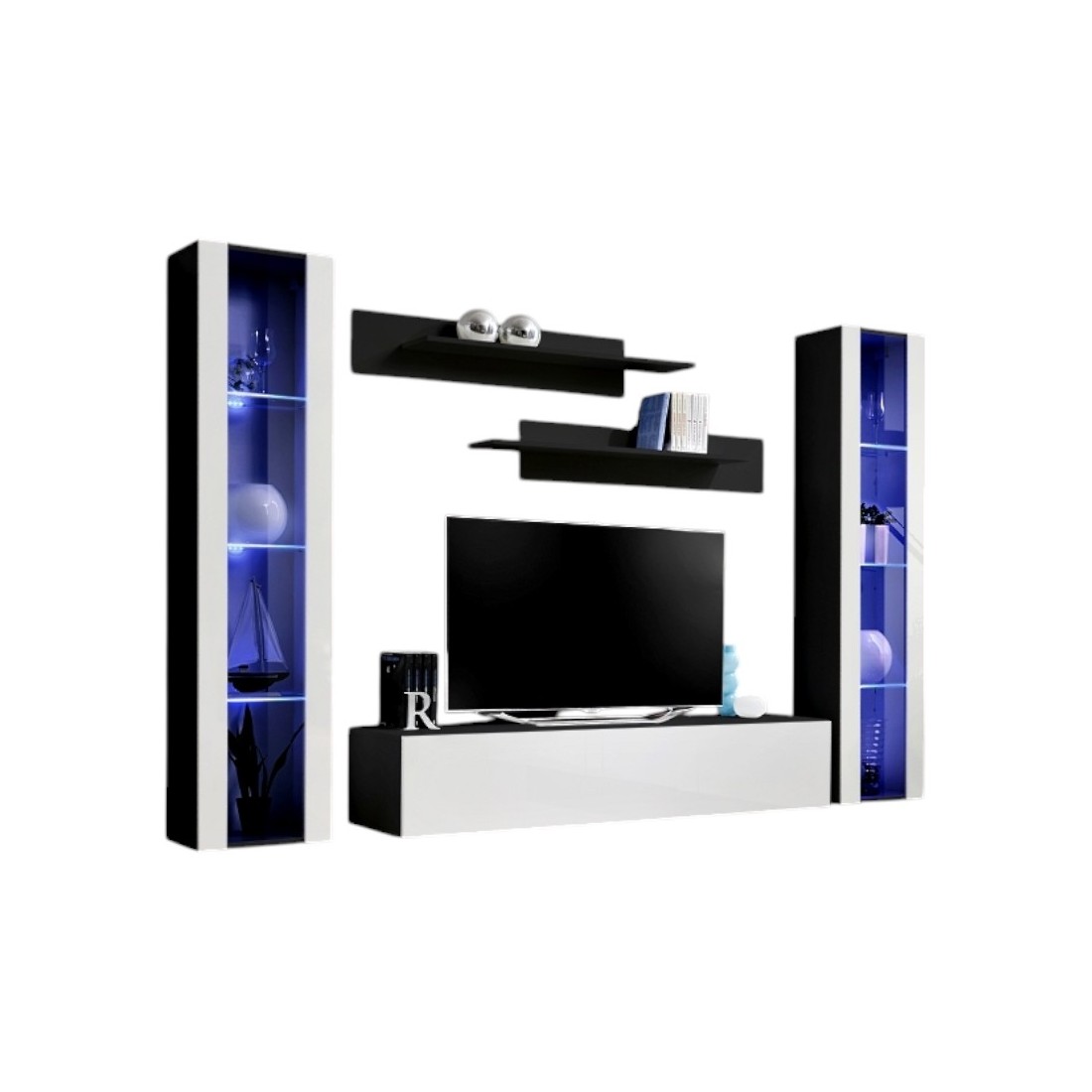 TV-Möbel FLY A2 Design, glänzend schwarz und weiß + LED. Modernes und trendiges Hängemöbel für Ihr Wohnzimmer.