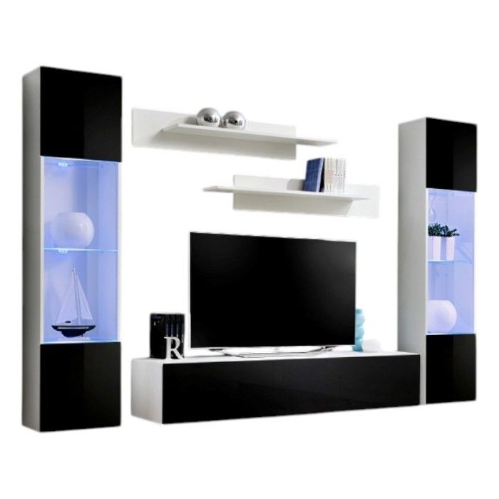 Meuble TV FLY A3 design, coloris blanc et noir brillant + LED. Meuble suspendu moderne et tendance pour votre salon
