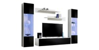 TV-Möbel FLY A3 Design, in glänzendem Weiß und Schwarz + LED. Modernes und trendiges Hängemöbel für Ihr Wohnzimmer.