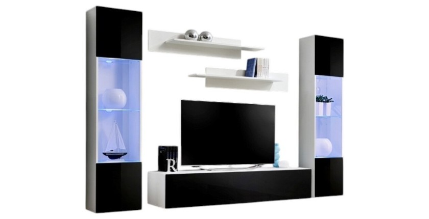 TV-Möbel FLY A3 Design, in glänzendem Weiß und Schwarz + LED. Modernes und trendiges Hängemöbel für Ihr Wohnzimmer.