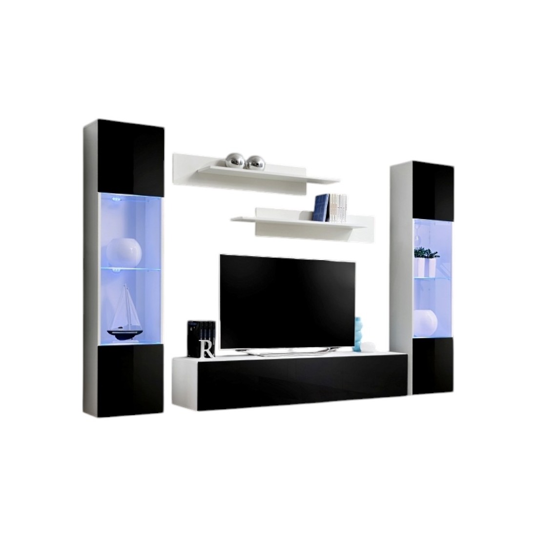 TV-Möbel FLY A3 Design, in glänzendem Weiß und Schwarz + LED. Modernes und trendiges Hängemöbel für Ihr Wohnzimmer.