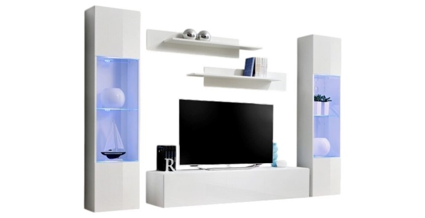 Meuble TV FLY A3 design, coloris blanc brillant + LED. Meuble suspendu moderne et tendance pour votre salon
