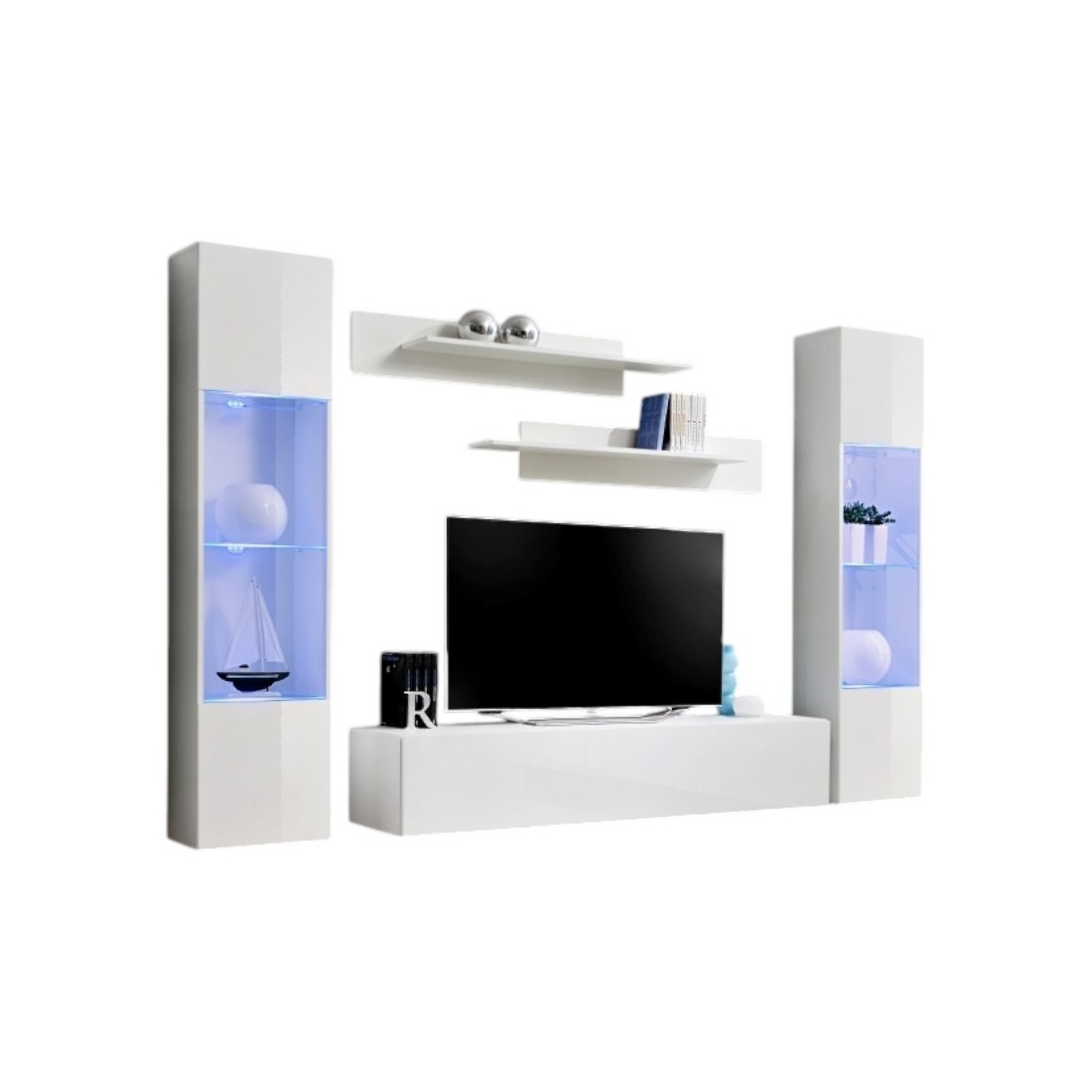 Meuble TV FLY A3 design, coloris blanc brillant + LED. Meuble suspendu moderne et tendance pour votre salon