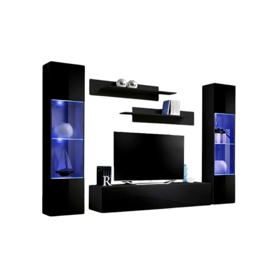 Meuble TV FLY A3 design, coloris noir brillant + LED. Meuble suspendu moderne et tendance pour votre salon.