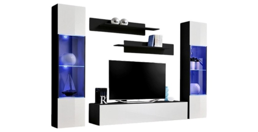 Meuble TV FLY A3 design, coloris noir et blanc brillant + LED. Meuble suspendu moderne et tendance pour votre salon