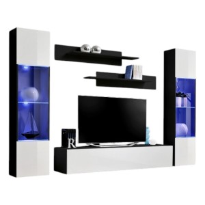 Meuble TV FLY A3 design, coloris noir et blanc brillant + LED. Meuble suspendu moderne et tendance pour votre salon
