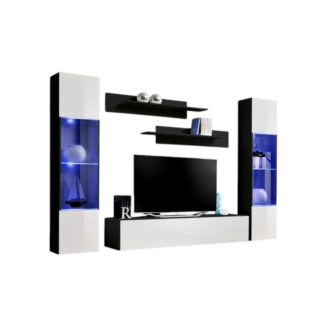 Meuble TV FLY A3 design, coloris noir et blanc brillant + LED. Meuble suspendu moderne et tendance pour votre salon