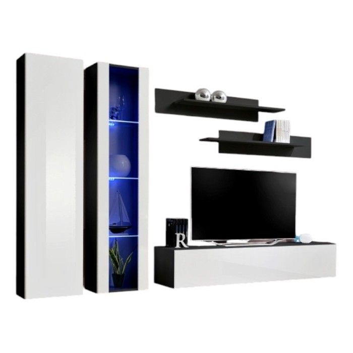 Mobile TV FLY A4 nero e bianco lucido con LED, sospeso, design moderno per soggiorno
