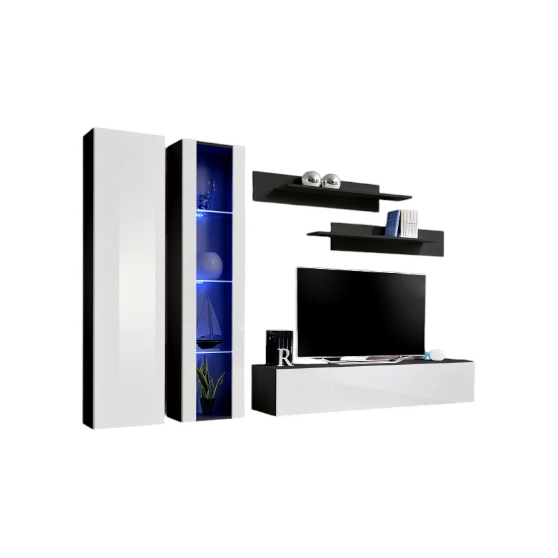 TV-Möbel FLY A4 in Schwarz und Weiß Hochglanz mit LED, hängend, modernes Design für Wohnzimmer
