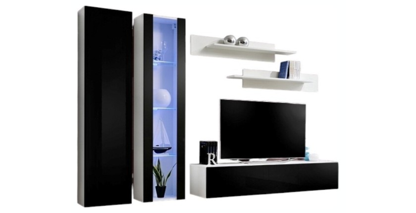 Meuble TV FLY A4 design, coloris blanc et noir brillant + LED. Meuble suspendu moderne et tendance pour votre salon