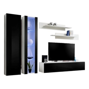 Meuble TV FLY A4 design, coloris blanc et noir brillant + LED. Meuble suspendu moderne et tendance pour votre salon