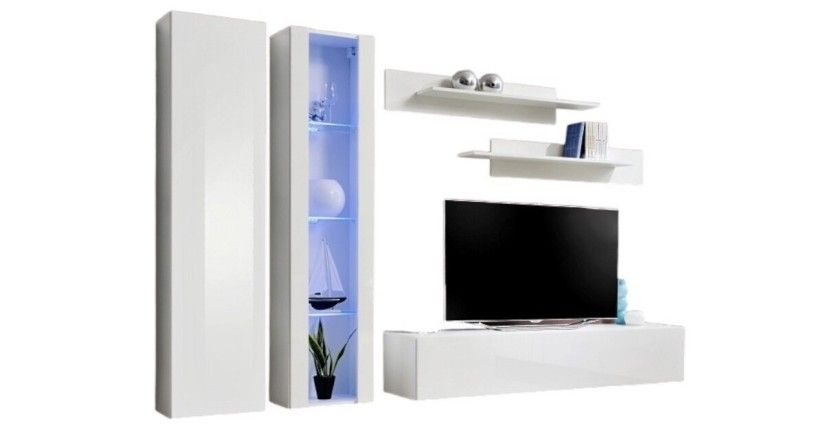 Meuble TV FLY A4 design, coloris blanc brillant + LED. Meuble suspendu moderne et tendance pour votre salon.