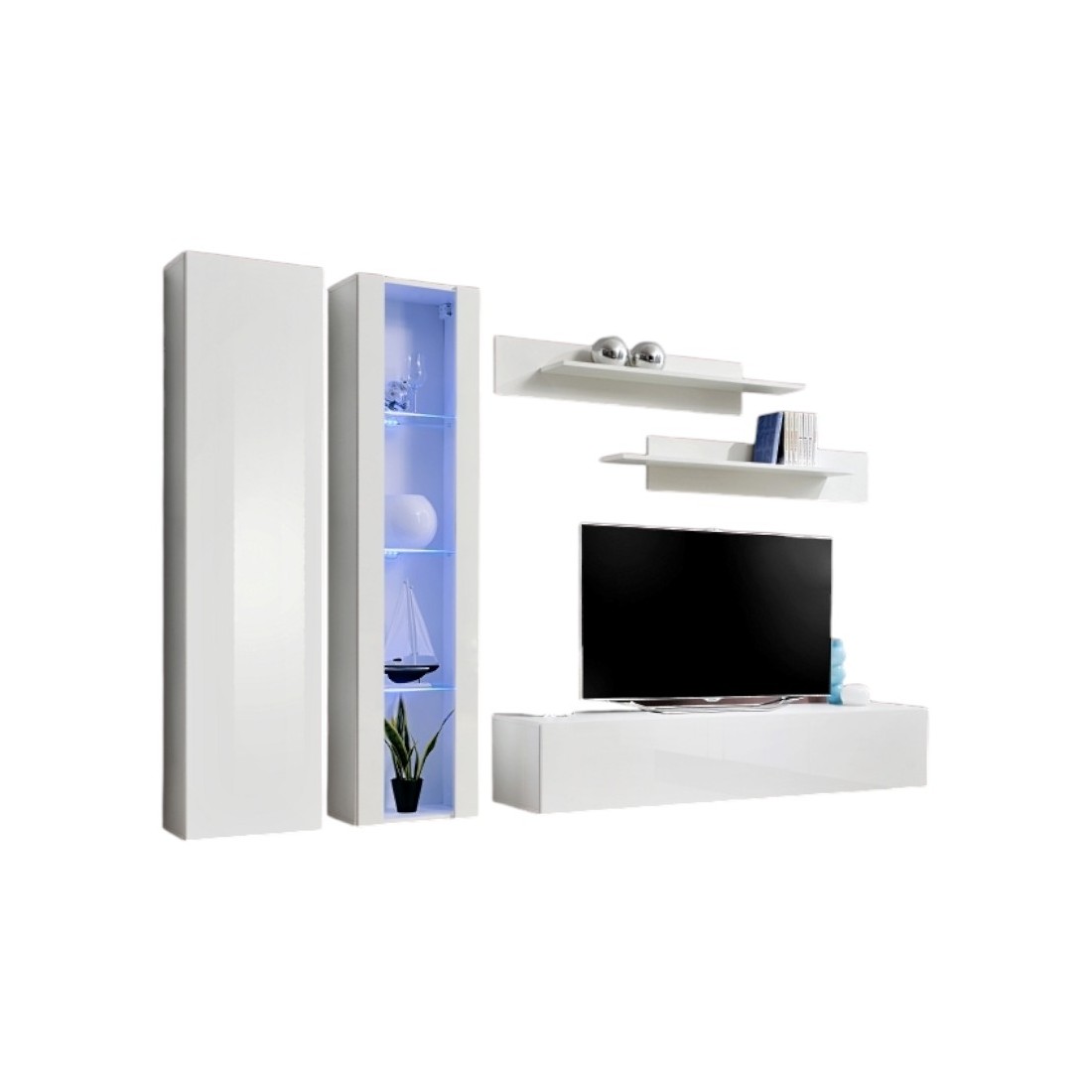 Meuble TV FLY A4 design, coloris blanc brillant + LED. Meuble suspendu moderne et tendance pour votre salon.