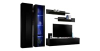Meuble TV FLY A4 design, coloris noir brillant + LED. Meuble suspendu moderne et tendance pour votre salon