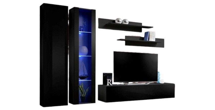 Meuble TV FLY A4 design, coloris noir brillant + LED. Meuble suspendu moderne et tendance pour votre salon