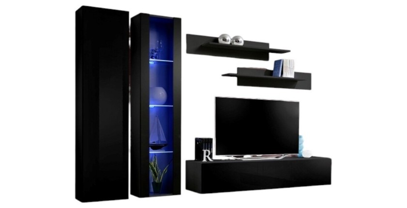 Meuble TV FLY A4 design, coloris noir brillant + LED. Meuble suspendu moderne et tendance pour votre salon