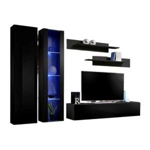 Meuble TV FLY A4 design, coloris noir brillant + LED. Meuble suspendu moderne et tendance pour votre salon
