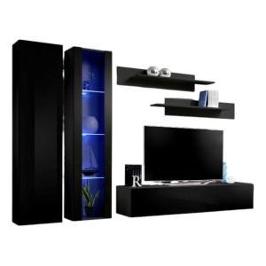 Meuble TV FLY A4 design, coloris noir brillant + LED. Meuble suspendu moderne et tendance pour votre salon