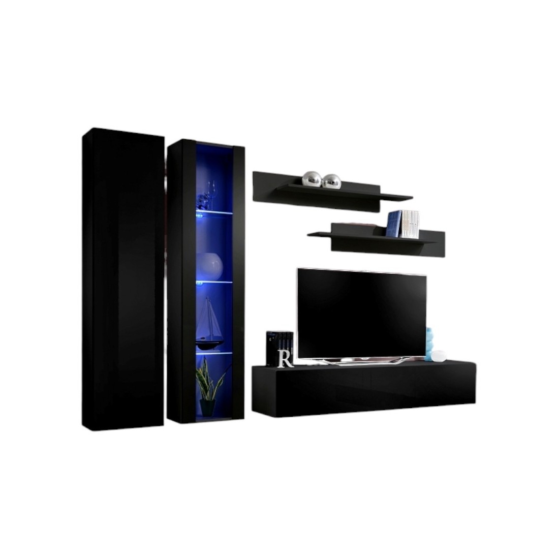 Meuble TV FLY A4 design, coloris noir brillant + LED. Meuble suspendu moderne et tendance pour votre salon