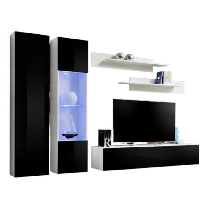 Wand-TV-Möbelset FLY-A in Schwarz und Weiß mit LED