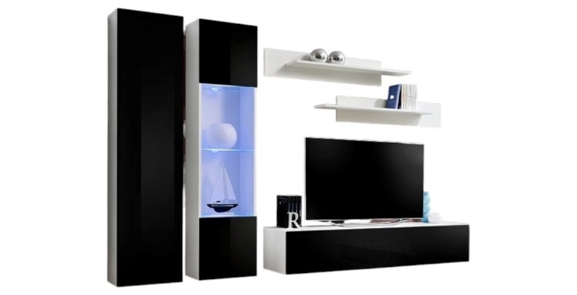 Ensemble meuble TV mural FLY-A noir et blanc avec LED