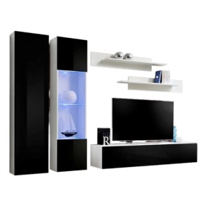 Ensemble meuble TV mural FLY-A noir et blanc avec LED