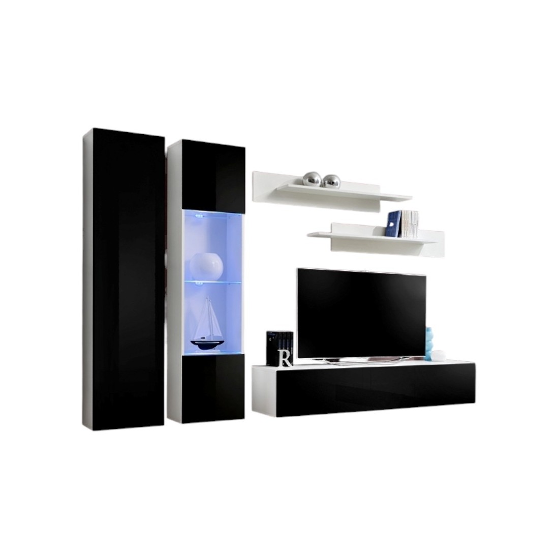 Ensemble meuble TV mural FLY-A noir et blanc avec LED